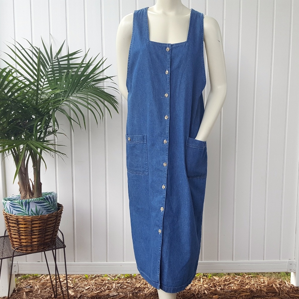 90s Vintage Blue Denim Maxi Dress Long Button Down